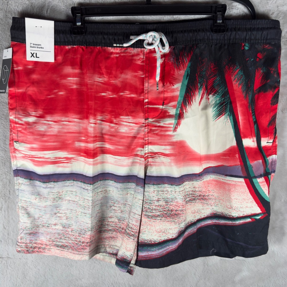 George‎ Mens XL Swim Trunks 7in Inseam Sunset Palm Tree Print Beach Board Shorts